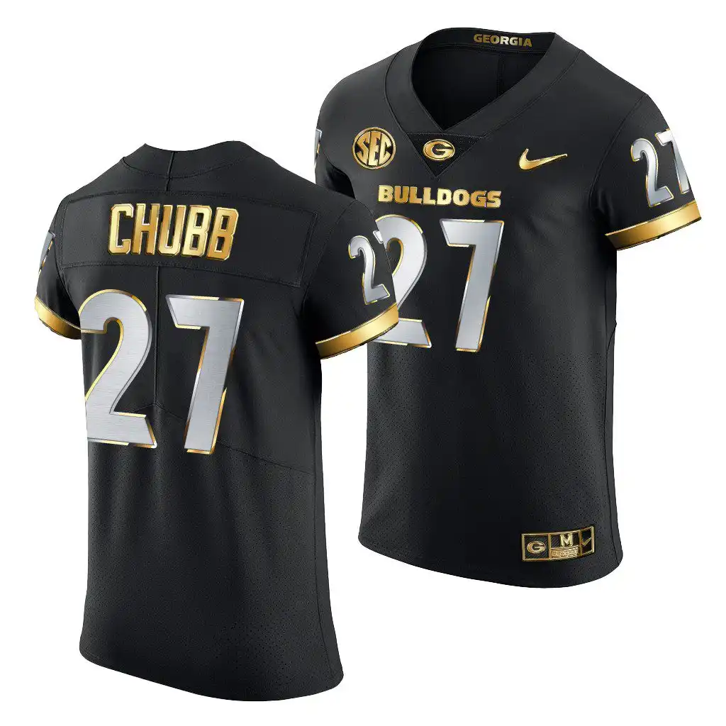 Men's Georgia Bulldogs #27 Nick Chubb Black Golden Edition 2020-21 College Authentic Football Jersey 2410WXQJ7