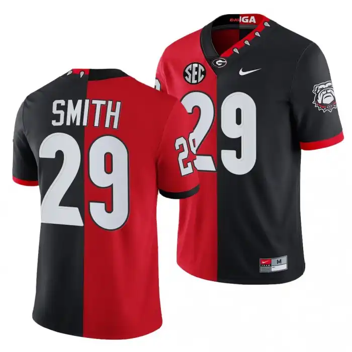 Men's Georgia Bulldogs #29 Christopher Smith 2021-22 100th Anniversary Black College Split Edition Mascot Red Football Jersey 2410GDEQ2