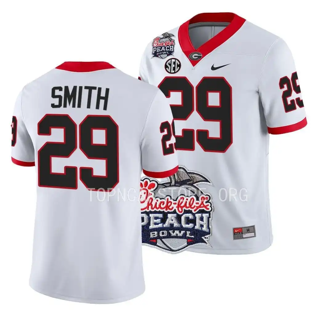 Men's Georgia Bulldogs #29 Christopher Smith 2022 Peach Bowl Playoff College White Football Jersey 2410CUCE5