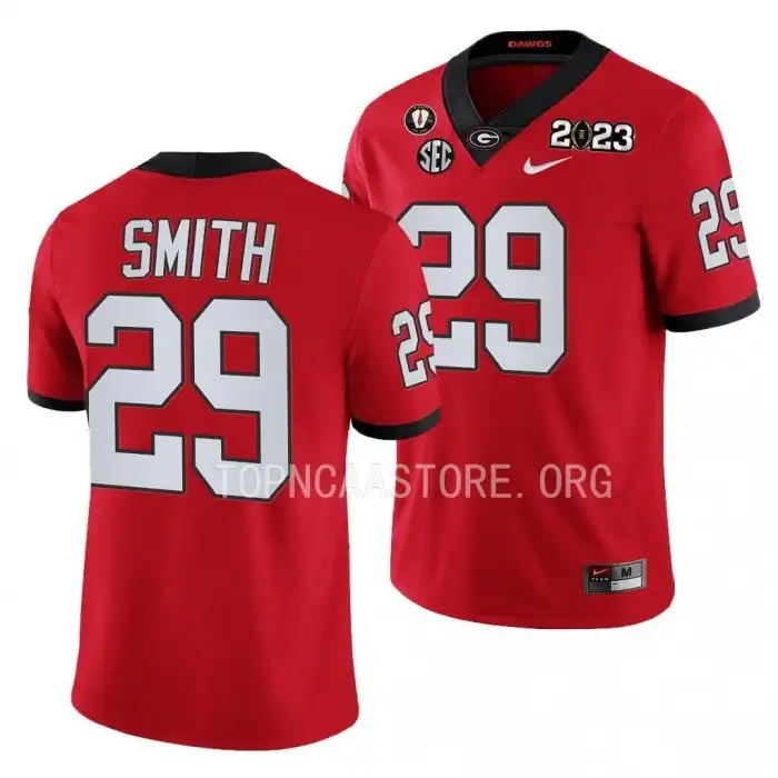 Men's Georgia Bulldogs #29 Christopher Smith 2023 National Championship Playoff College Red Football Jersey 2410FWDV2