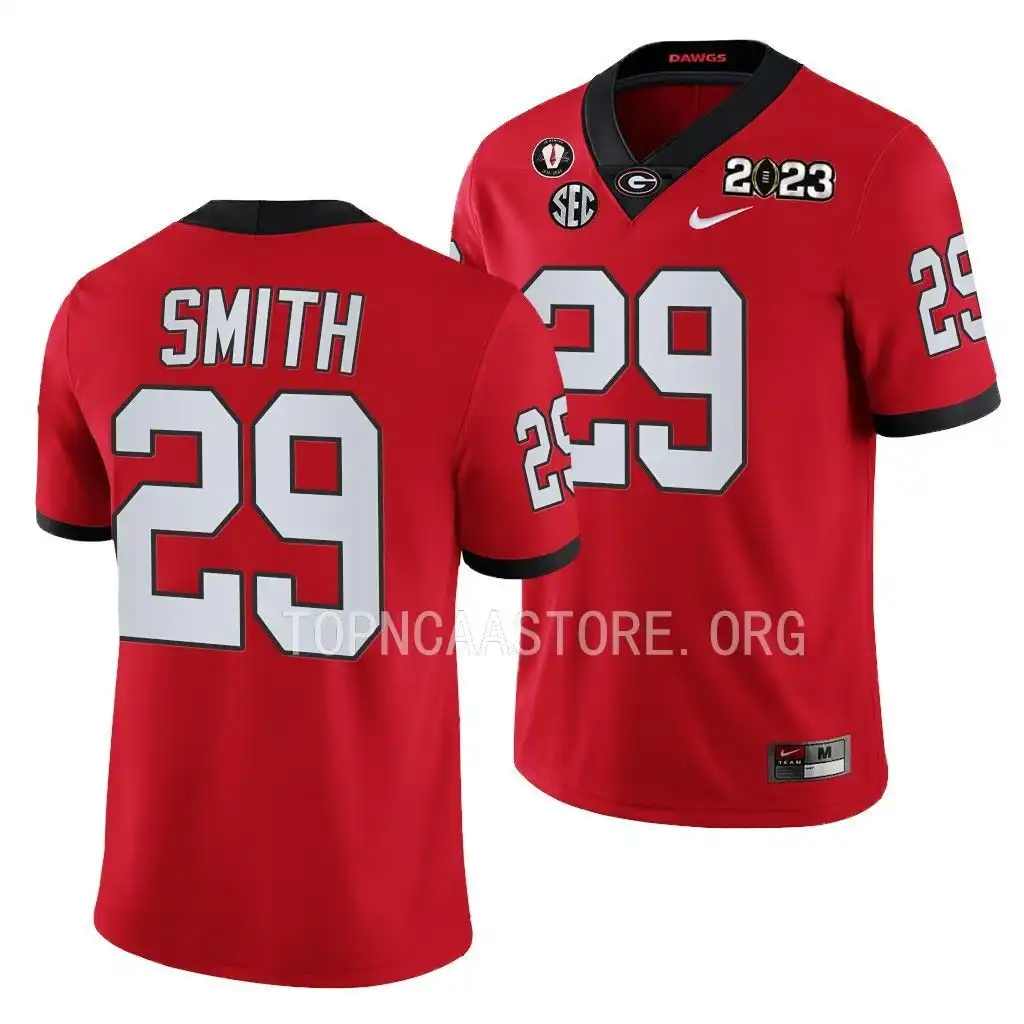 Men's Georgia Bulldogs #29 Christopher Smith 2023 National Championship Playoff College Red Football Jersey 2410ZCRY6