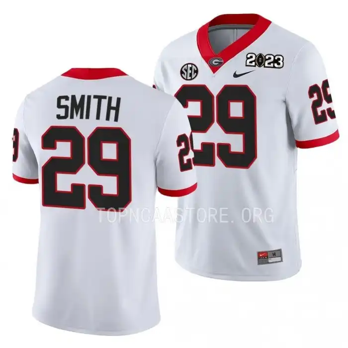 Men's Georgia Bulldogs #29 Christopher Smith 2023 National Championship Playoff College White Football Jersey 2410GEPO7