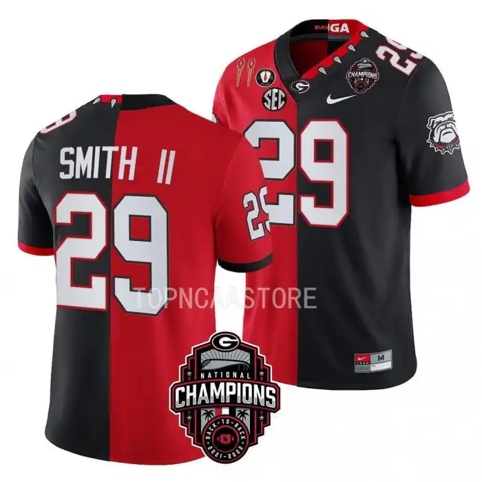 Men's Georgia Bulldogs #29 Christopher Smith Back-To-Back Red College 2X National Champions Black Split Football Jersey 2410LLRC1