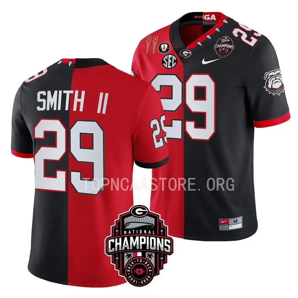 Men's Georgia Bulldogs #29 Christopher Smith Back-To-Back Red College 2X National Champions Black Split Football Jersey 2410UFYN3