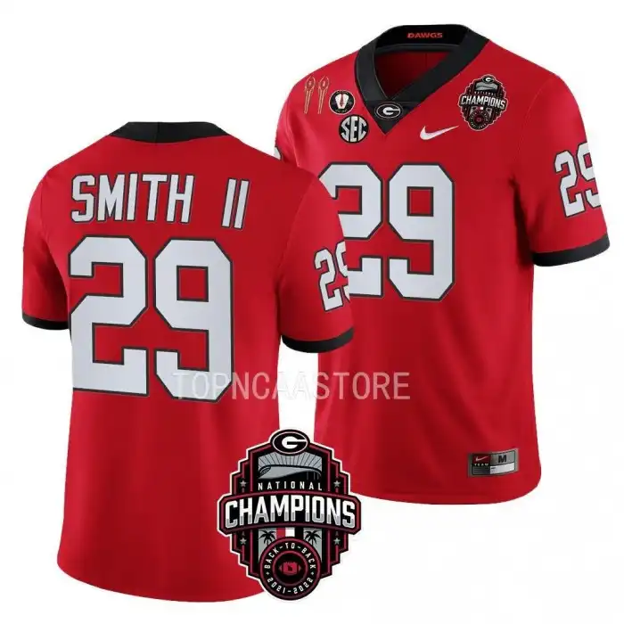 Men's Georgia Bulldogs #29 Christopher Smith Back-To-Back Red College National Champions CFBPlayoff 2023 Football Jersey 2410NFFG1