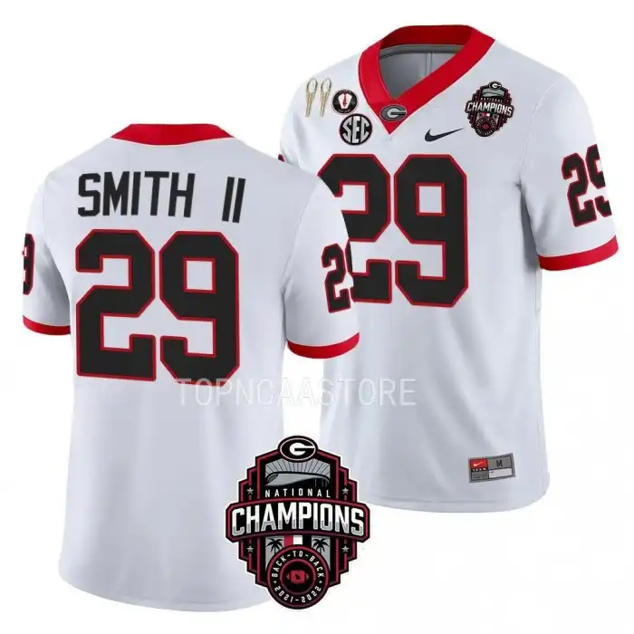 Men's Georgia Bulldogs #29 Christopher Smith Back-To-Back White College National Champions CFBPlayoff 2023 Football Jersey 2410INTT6