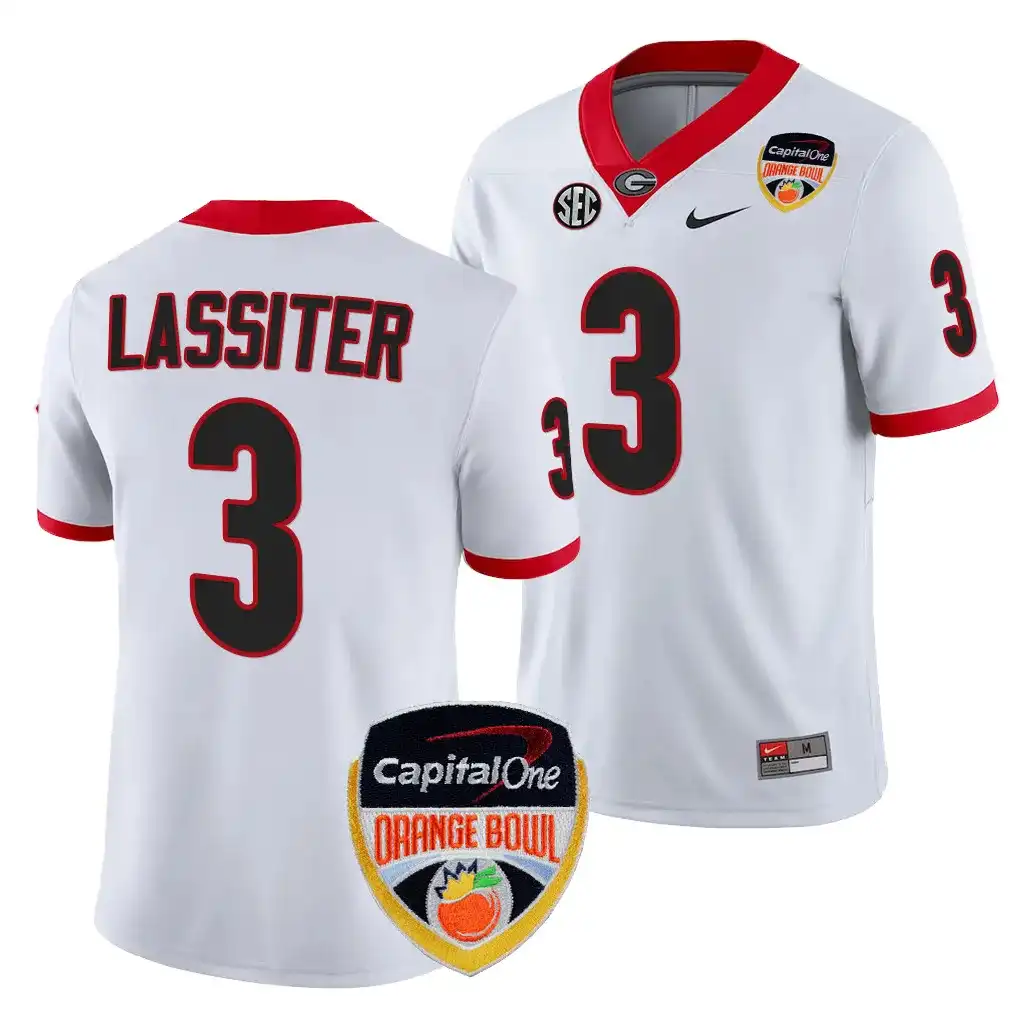 Men's Georgia Bulldogs #3 Kamari Lassiter 2023 Orange Bowl Playoff Shirt College White Football Jersey 2410ODSB4