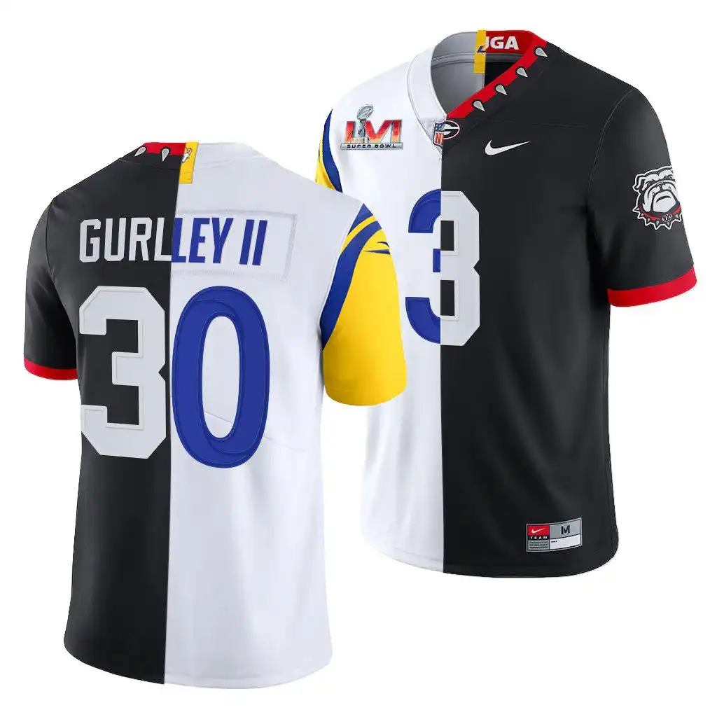 Men's Georgia Bulldogs #3 Todd Gurley II Dual Teams Split Black College X LA Rams White Football Jersey 2410FFFL4