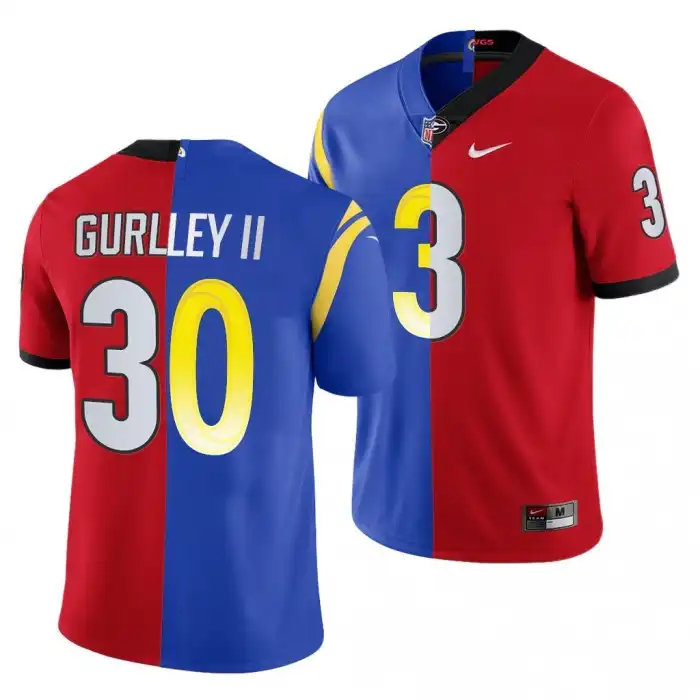 Men's Georgia Bulldogs #3 Todd Gurley II Dual Teams Split Red College X LA Rams Royal Football Jersey 2410GVFV7