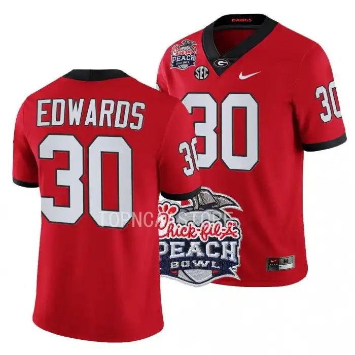 Men's Georgia Bulldogs #30 Daijun Edwards 2022 Peach Bowl Playoff College Red Football Jersey 2410HFOA7