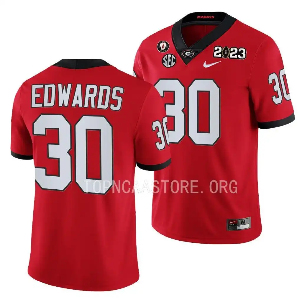 Men's Georgia Bulldogs #30 Daijun Edwards 2023 National Championship Playoff College Red Football Jersey 2410BVGZ1