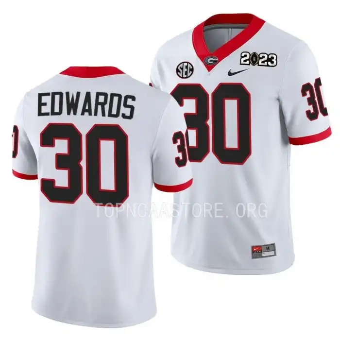 Men's Georgia Bulldogs #30 Daijun Edwards 2023 National Championship Playoff College White Football Jersey 2410OSOR4