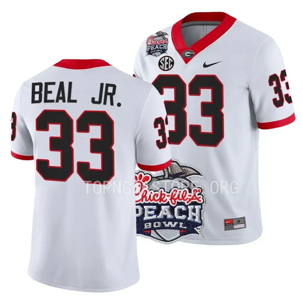 Men's Georgia Bulldogs #33 Robert Beal Jr. 2022 Peach Bowl Playoff College White Football Jersey 2410NKZA5