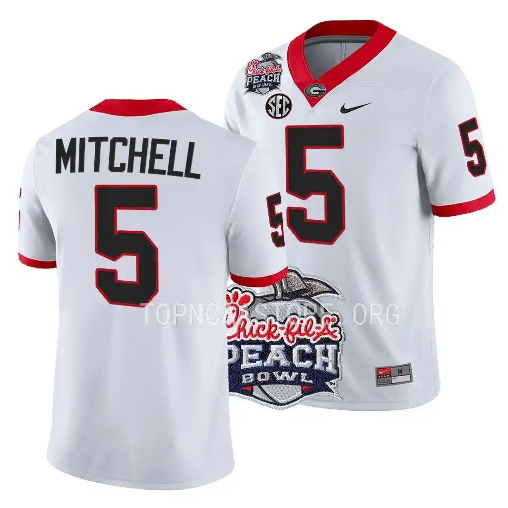 Men's Georgia Bulldogs #5 Adonai Mitchell 2022 Peach Bowl Playoff College White Football Jersey 2410FJCV7