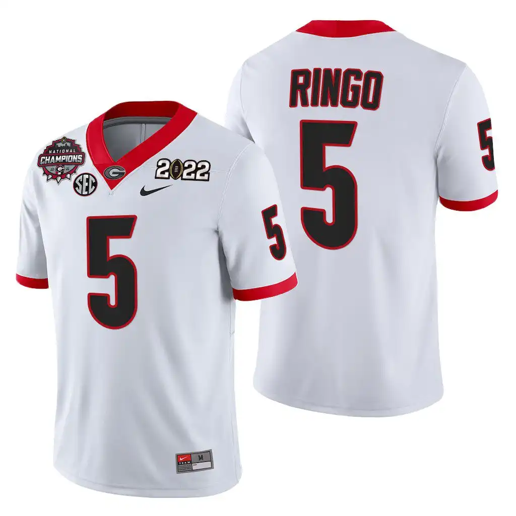 Men's Georgia Bulldogs #5 Kelee Ringo 2021-22 National Champions College CFP White Football Jersey 2410HFSB5