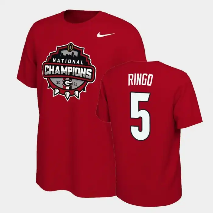 Men's Georgia Bulldogs #5 Kelee Ringo 2021 National Champions College Red Football T-Shirt 2410QJGF4