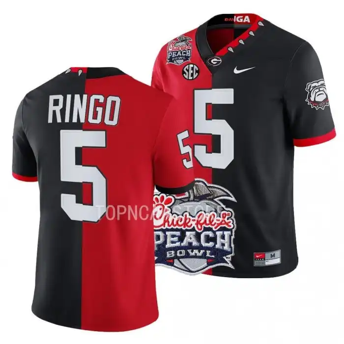 Men's Georgia Bulldogs #5 Kelee Ringo 2022 Peach Bowl Red College Split Black Football Jersey 2410AEFS6