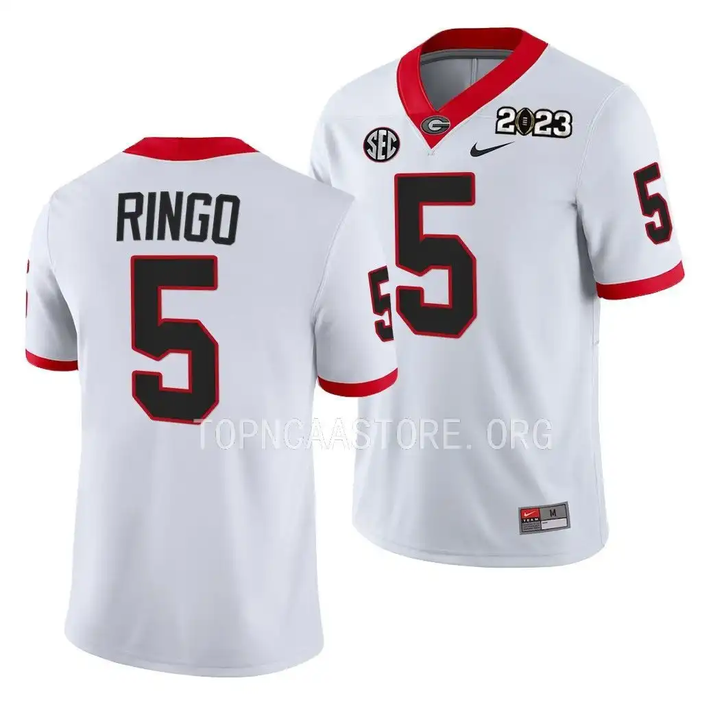 Men's Georgia Bulldogs #5 Kelee Ringo 2023 National Championship Playoff College White Football Jersey 2410VZBD5