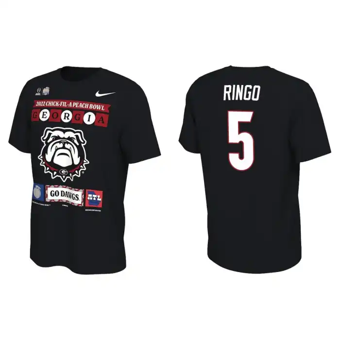 Men's Georgia Bulldogs #5 Kelee Ringo Black 2022 Peach Bowl College Playoff Illustrated Football T-Shirt 2410IGNG6