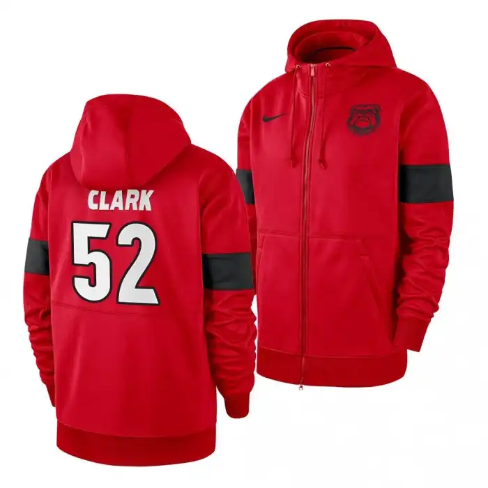 Men's Georgia Bulldogs #52 Tyler Clark Red Full-Zip College Sideline Performance Football Hoodie 2410IGBE4