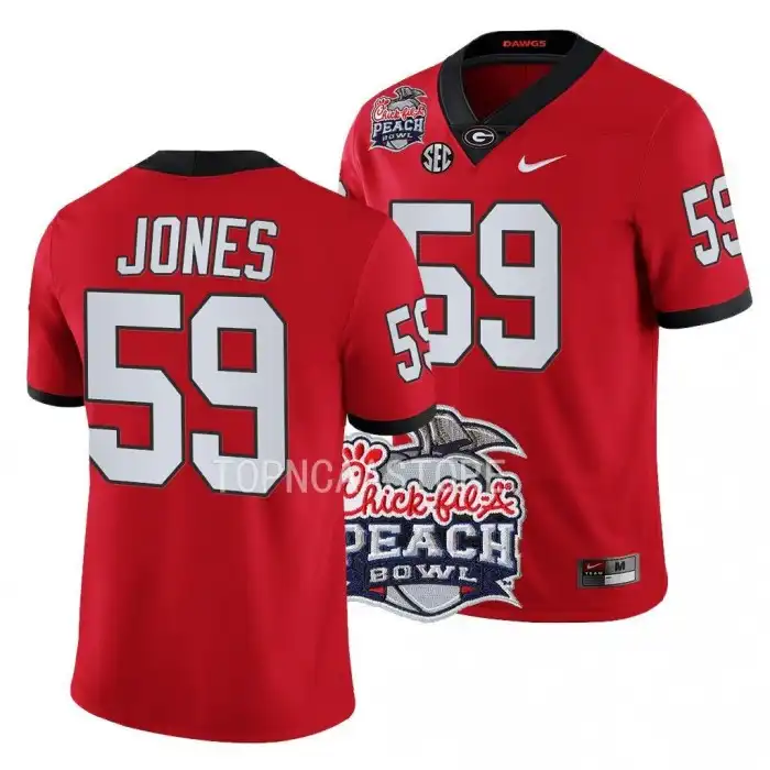 Men's Georgia Bulldogs #59 Broderick Jones 2022 Peach Bowl Playoff College Red Football Jersey 2410DKMD5