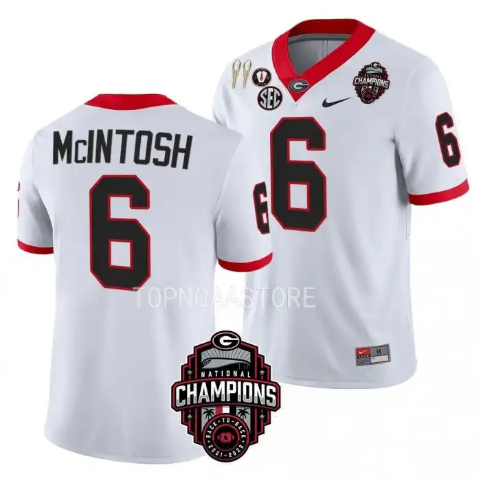 Men's Georgia Bulldogs #6 Kenny McIntosh Back-To-Back White College National Champions CFBPlayoff 2023 Football Jersey 2410LEAY4