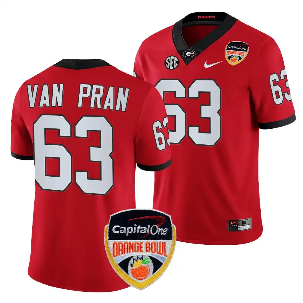 Men's Georgia Bulldogs #63 Sedrick Van Pran 2023 Orange Bowl Playoff College Red Football Jersey 2410ERQJ3