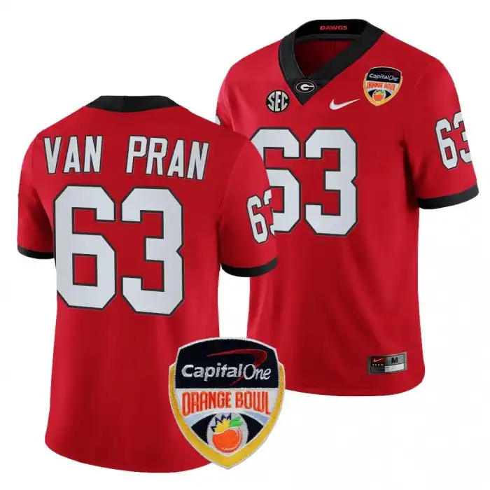 Men's Georgia Bulldogs #63 Sedrick Van Pran 2023 Orange Bowl Playoff College Red Football Jersey 2410RHVB2