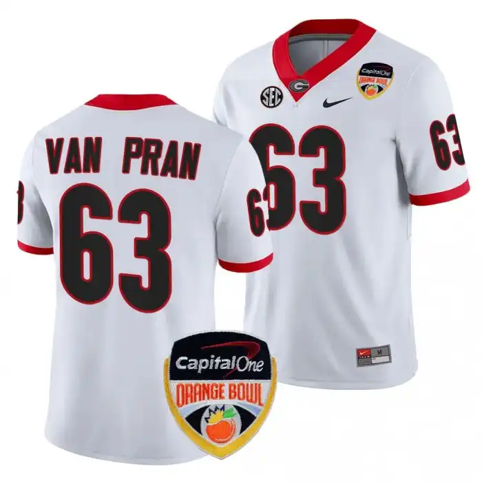 Men's Georgia Bulldogs #63 Sedrick Van Pran 2023 Orange Bowl Playoff Shirt College White Football Jersey 2410RTGI1