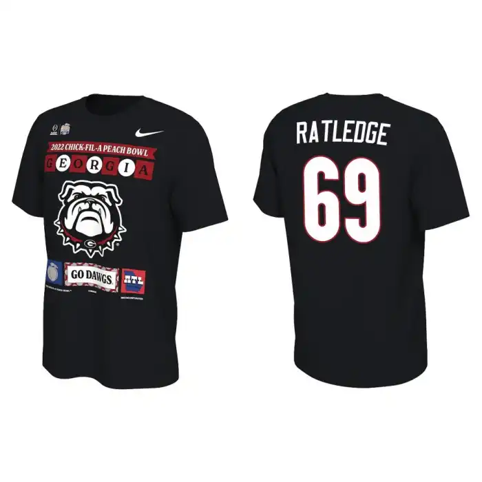 Men's Georgia Bulldogs #69 Tate Ratledge Black 2022 Peach Bowl College Playoff Illustrated Football T-Shirt 2410PSYH8