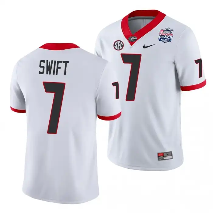 Men's Georgia Bulldogs #7 D'Andre Swift 2021 Peach Bowl College White Football Jersey 2410OIMM4