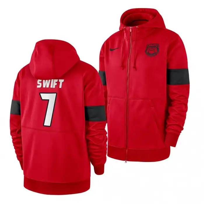 Men's Georgia Bulldogs #7 D'Andre Swift Red Full-Zip College Sideline Performance Football Hoodie 2410JWDS6