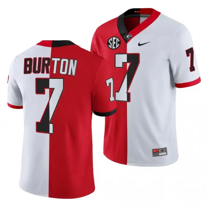 Men's Georgia Bulldogs #7 Jermaine Burton 2021-22 Red College Split Edition White Football Jersey 2410IHBT1