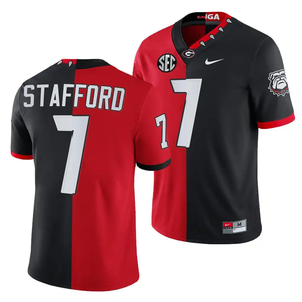 Men's Georgia Bulldogs #7 Matthew Stafford Red 100th Season Alumni College Black Split Edition NFL Football Jersey 2410LKZR3