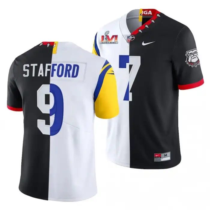 Men's Georgia Bulldogs #7 Matthew Stafford Super Bowl Black Dual Teams Split College LVI X LA Rams White Football Jersey 2410GPRR5