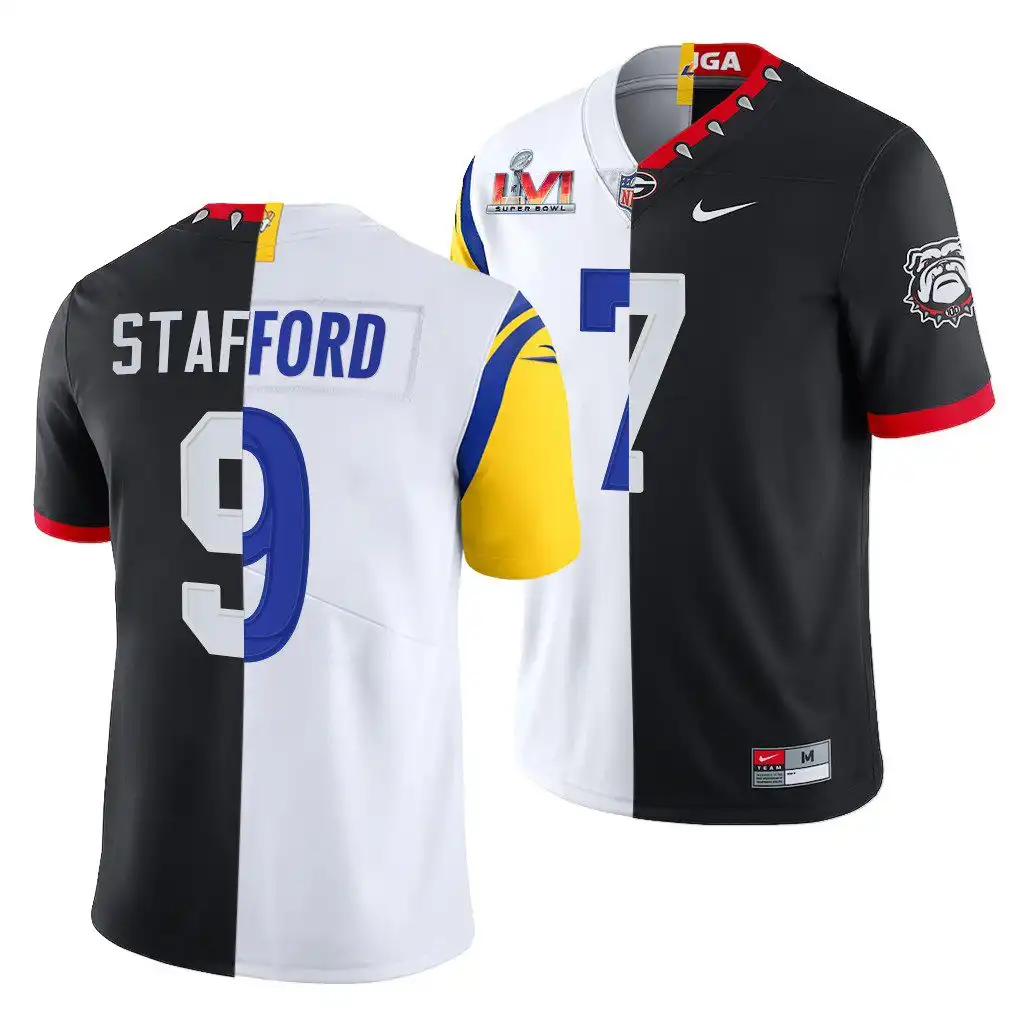 Men's Georgia Bulldogs #7 Matthew Stafford Super Bowl Black Dual Teams Split College LVI X LA Rams White Football Jersey 2410OUXX7