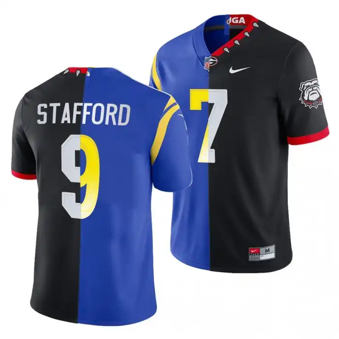 Men's Georgia Bulldogs #7 Matthew Stafford Super Bowl Black Royal College LVI X LA Rams Dual Teams Split Football Jersey 2410GWKA6