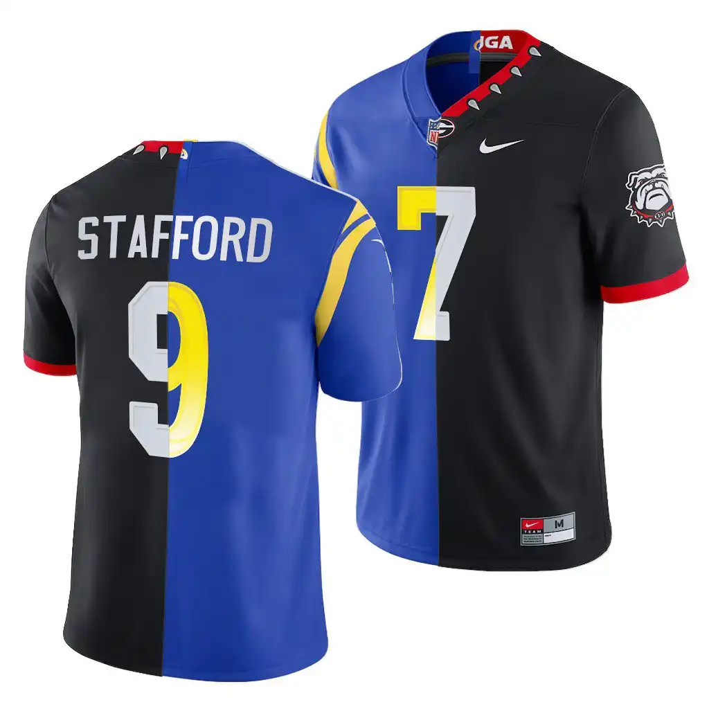 Men's Georgia Bulldogs #7 Matthew Stafford Super Bowl Black Royal College LVI X LA Rams Dual Teams Split Football Jersey 2410RCSA6