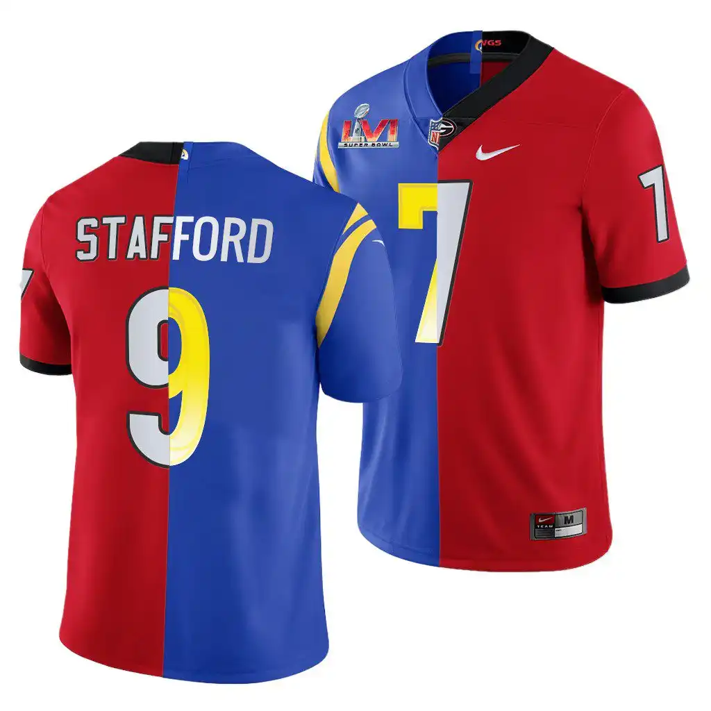 Men's Georgia Bulldogs #7 Matthew Stafford Super Bowl Red Dual Teams Split College LVI X LA Rams Royal Football Jersey 2410DQKE8