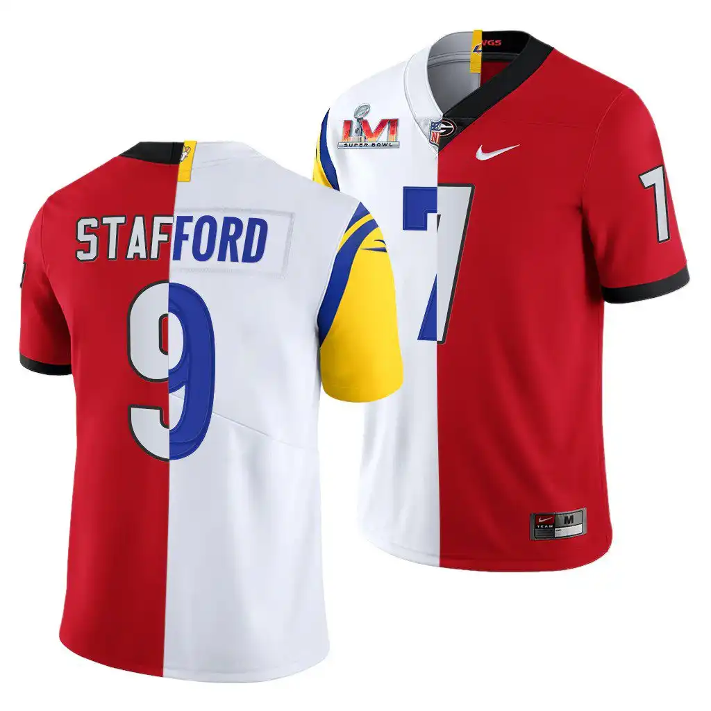 Men's Georgia Bulldogs #7 Matthew Stafford Super Bowl Red Dual Teams Split College LVI X LA Rams White Football Jersey 2410DOVS0