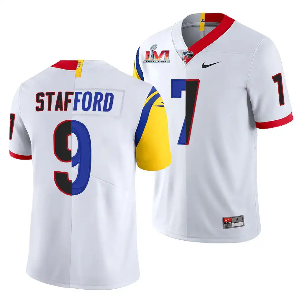 Men's Georgia Bulldogs #7 Matthew Stafford Super Bowl White College LVI X LA Rams Dual Teams Split Football Jersey 2410RIYL4