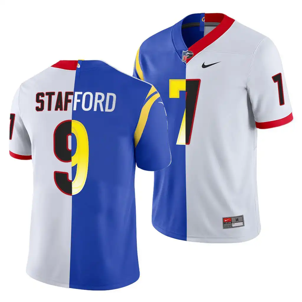 Men's Georgia Bulldogs #7 Matthew Stafford Super Bowl White Dual Teams Split College LVI X LA Rams Royal Football Jersey 2410VDIU5