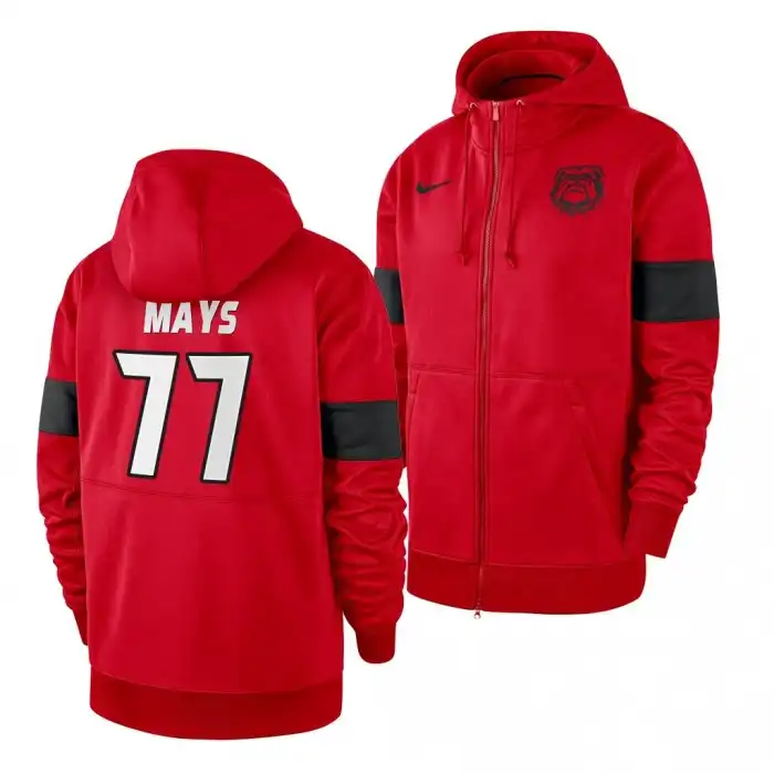 Men's Georgia Bulldogs #77 Cade Mays Red Full-Zip College Sideline Performance Football Hoodie 2410TQAD0