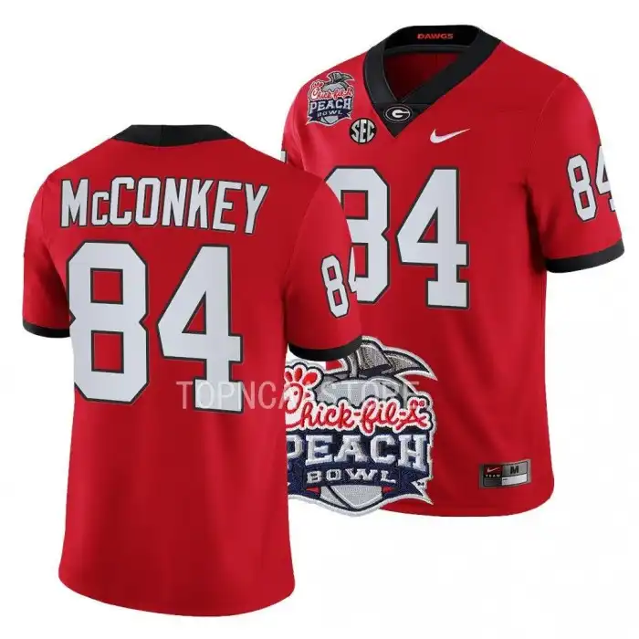 Men's Georgia Bulldogs #84 Ladd McConkey 2022 Peach Bowl Playoff College Red Football Jersey 2410AIYA0