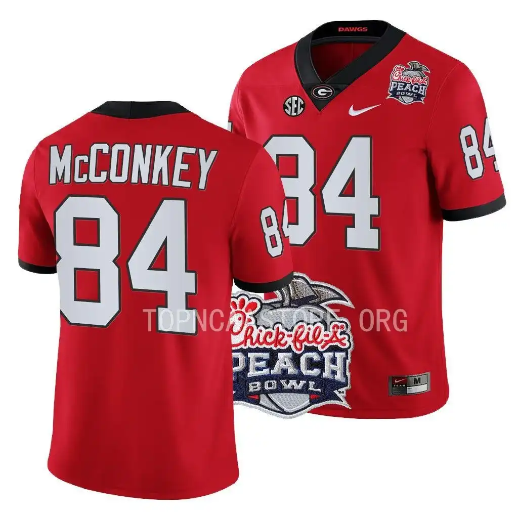 Men's Georgia Bulldogs #84 Ladd McConkey 2022 Peach Bowl Playoff College Red Football Jersey 2410QSED6