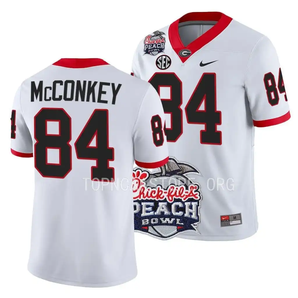 Men's Georgia Bulldogs #84 Ladd McConkey 2022 Peach Bowl Playoff College White Football Jersey 2410DNPU4