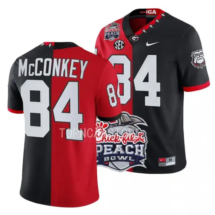 Men's Georgia Bulldogs #84 Ladd McConkey 2022 Peach Bowl Red College Split Black Football Jersey 2410DLTB0