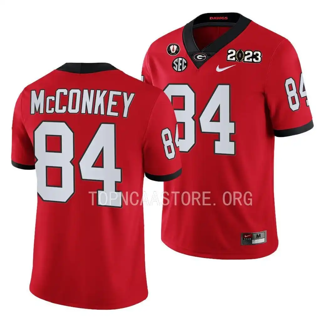 Men's Georgia Bulldogs #84 Ladd McConkey 2023 National Championship Playoff College Red Football Jersey 2410HYDG4