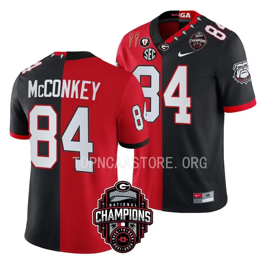 Men's Georgia Bulldogs #84 Ladd McConkey Back-To-Back Red College 2X National Champions Black Split Football Jersey 2410OHHI7