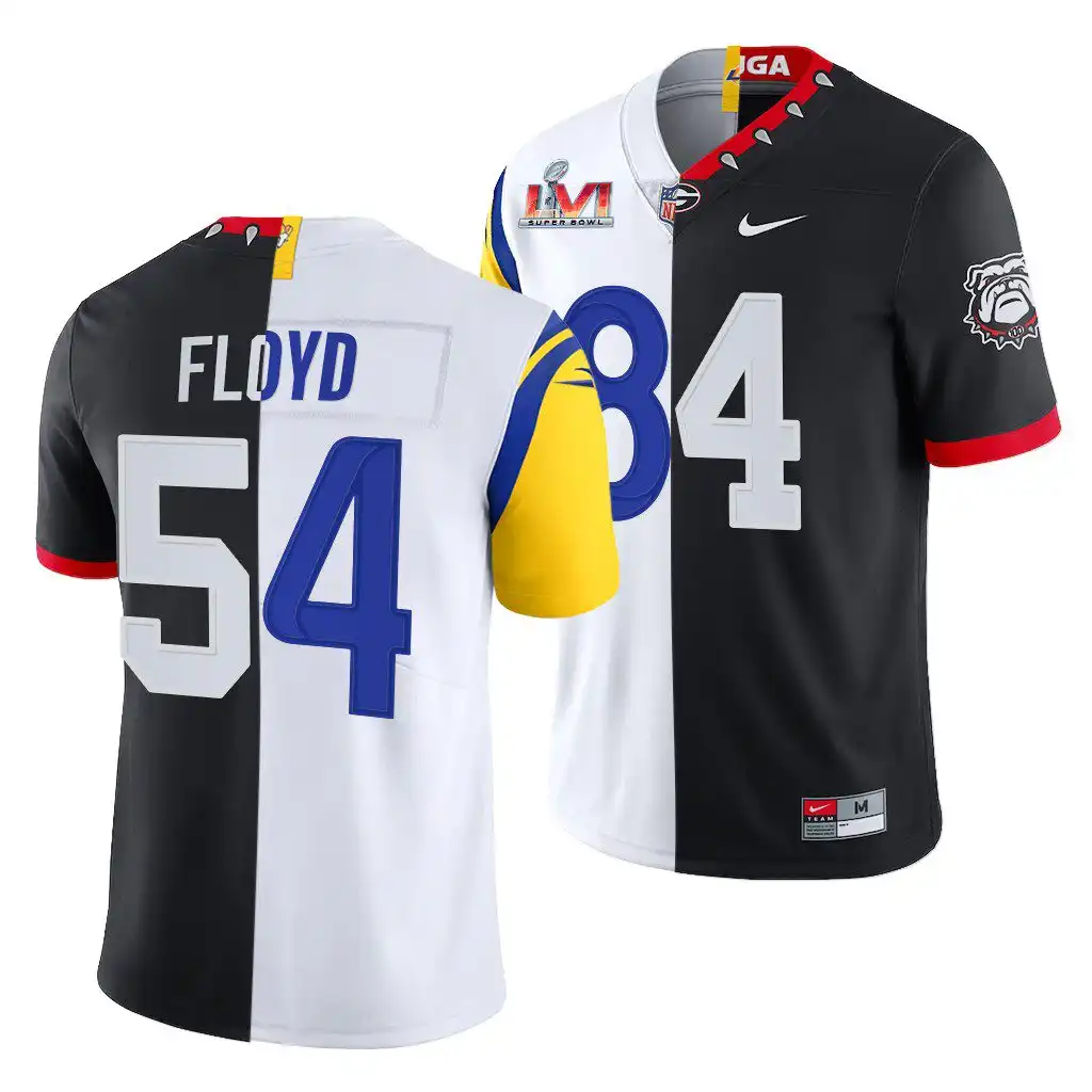 Men's Georgia Bulldogs #84 Leonard Floyd Super Bowl Black Dual Teams Split College LVI X LA Rams White Football Jersey 2410UJDZ3